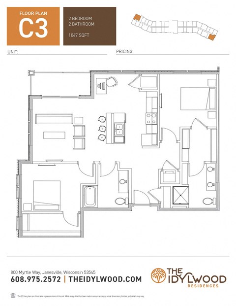 Floor plan for 2 beds, 2 baths, 1047 sqft